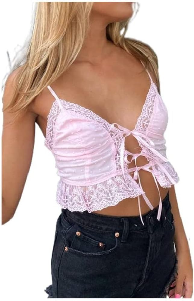 Sexy Lace Patchwork Tie Front Tank Top Sleeveless Square Neck Crop Top Criss Cross Ruffle Camisol... | Amazon (US)