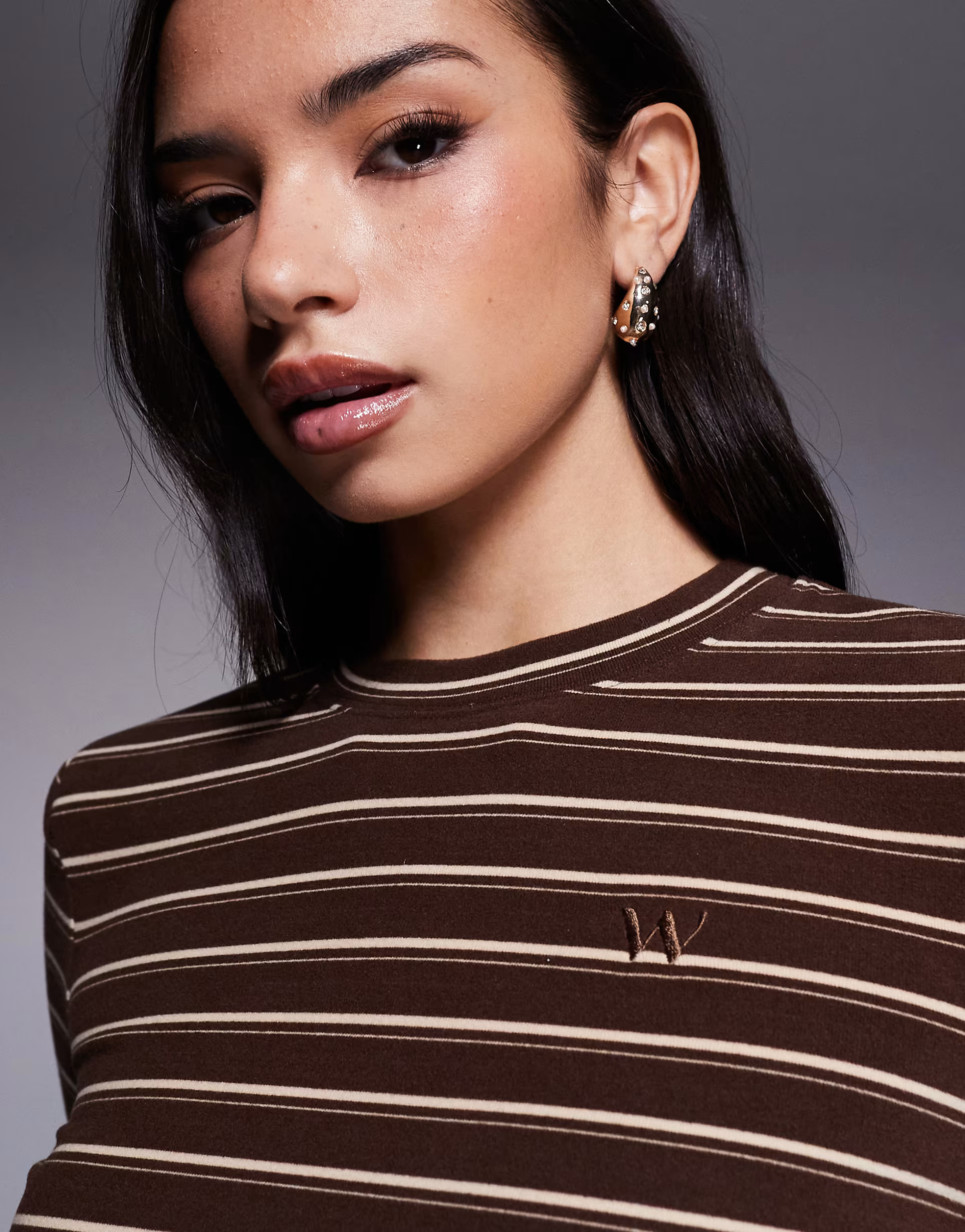 Wanderdoll Frankie premium heavyweight jersey crew neck long sleeve top co-ord in brown stripe | ASOS (Global)