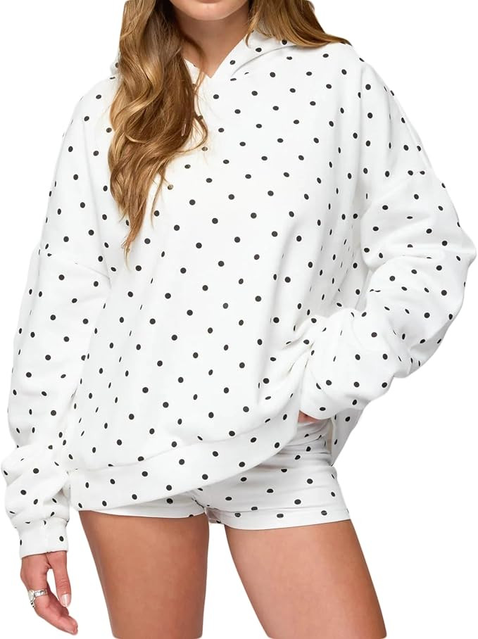 FOMOYUU Women Polka Dot Outfits 2 Piece Long Sleeve Oversized Hoodie and Casual Matching Shorts Y... | Amazon (US)