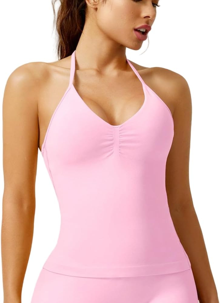 Workout Tank Tops for Women with Built in Bra,Slim Fit Halter Sleeveless Gym Tops Seamless Racerb... | Amazon (US)