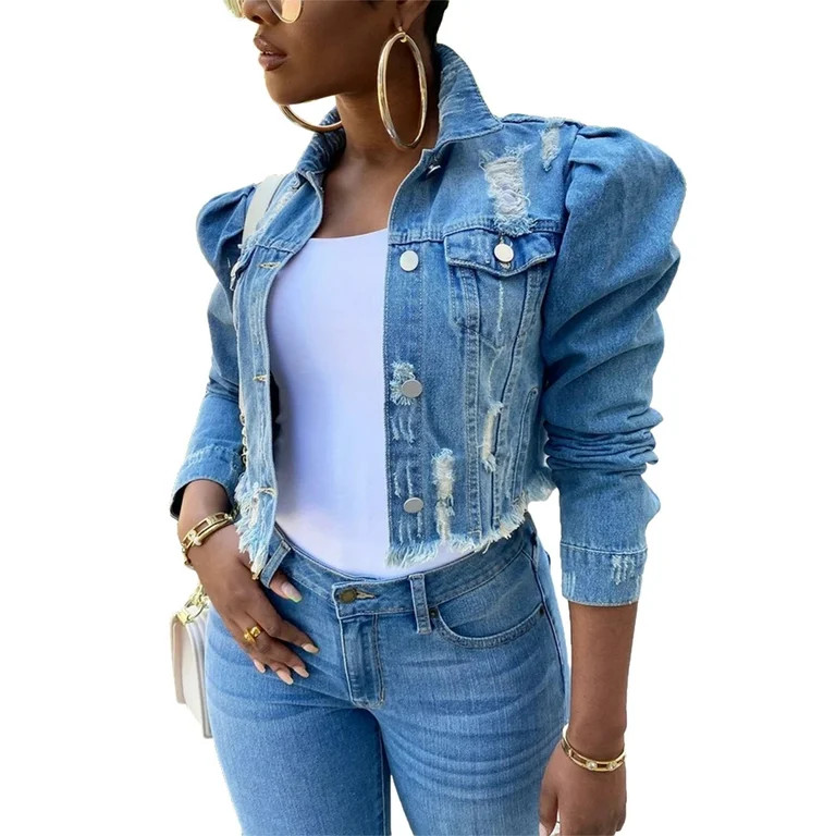 Ma&Baby Women Ripped Jeans Shacket Puff Sleeve Denim Jacket Destroyed Cropped Jean Coats | Walmart (US)