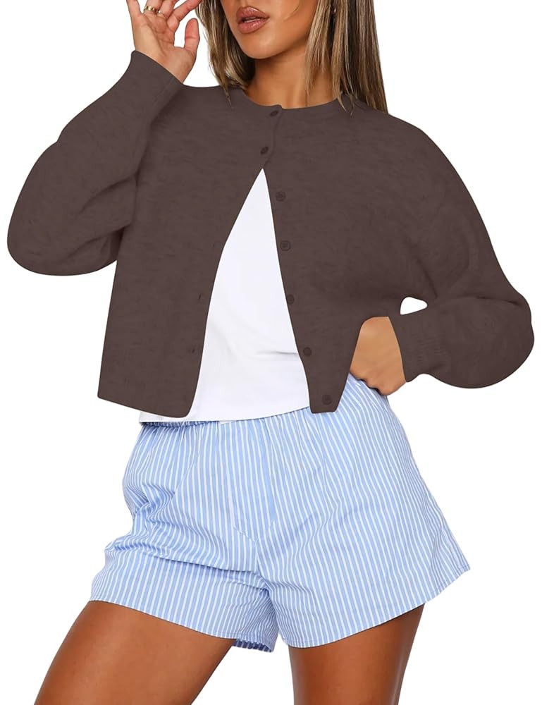 Kistore Womens Cropped Cardigan Sweaters Crew Neck Long Sleeve Button Up Sweaters Lightweight Kni... | Amazon (US)