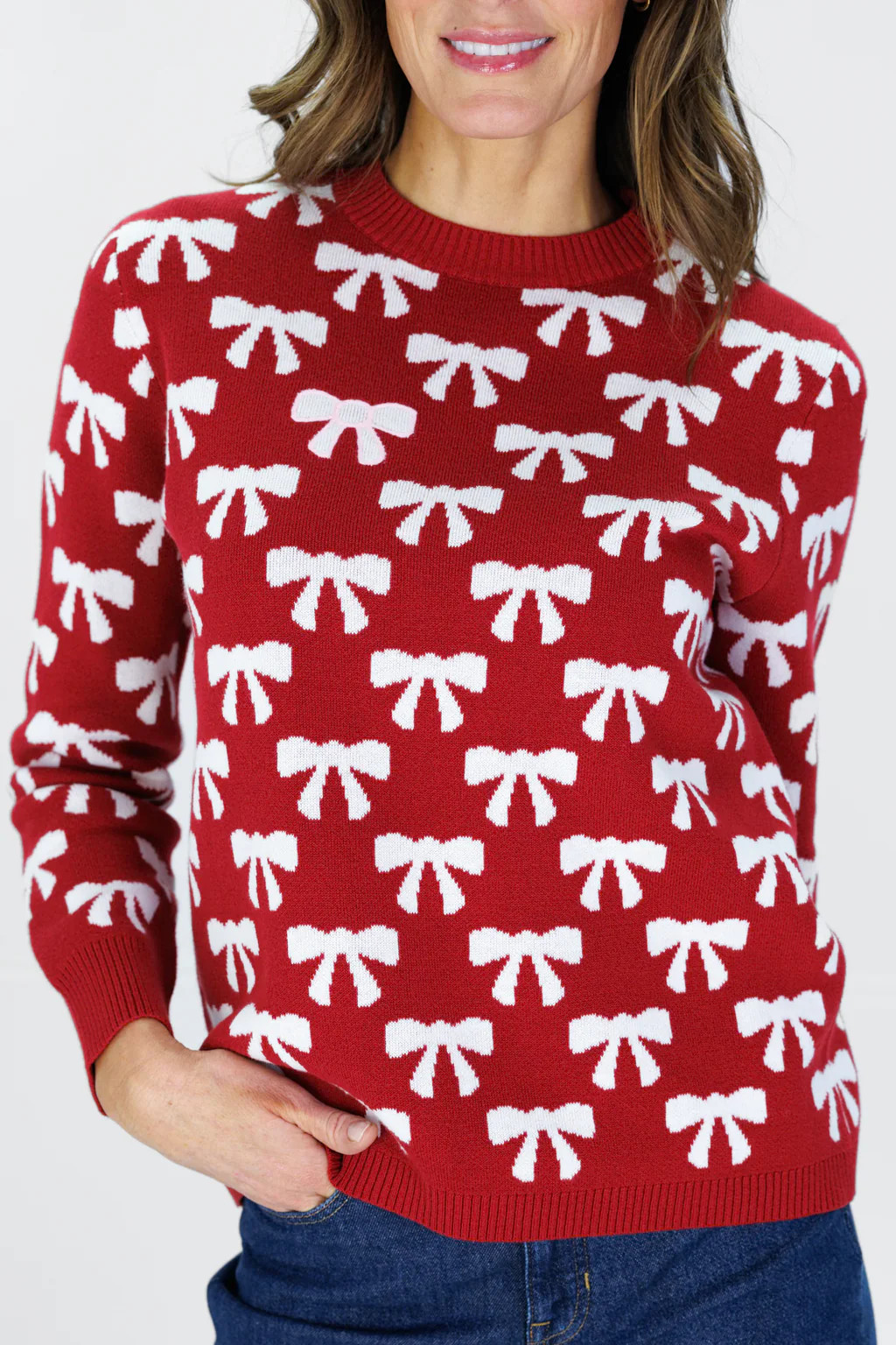 Bow Crew Neck Sweater in Red | Duffield Lane