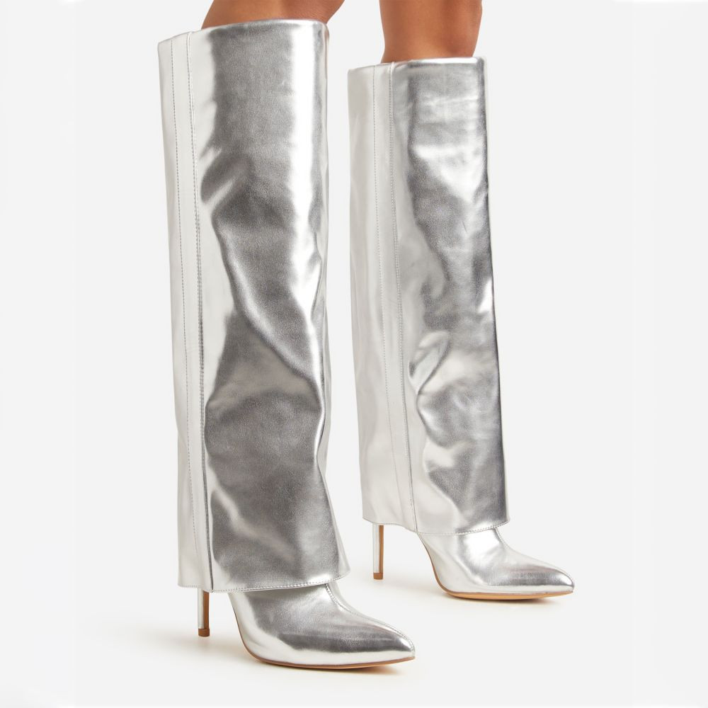 Melki Pointed Toe Stiletto Heel Knee High Long Boot In Silver Metallic Faux Leather | EGO (UK)