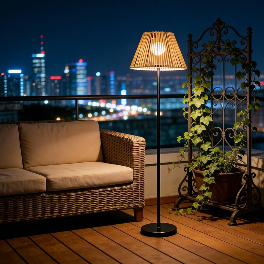46" Solar Outdoor Floor Lamps for Patio Decor, Rattan Wicker Lights, Hand Woven Lamp Stable Metal... | Amazon (US)