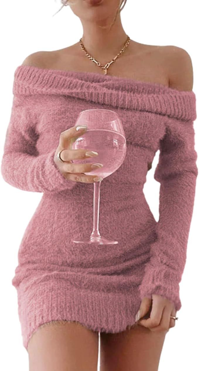 FAIRY SEASON Women's 2023 Fall Winter Off Shoulder Bodycon Sweater Dress Sexy Pullover Party Club... | Amazon (US)