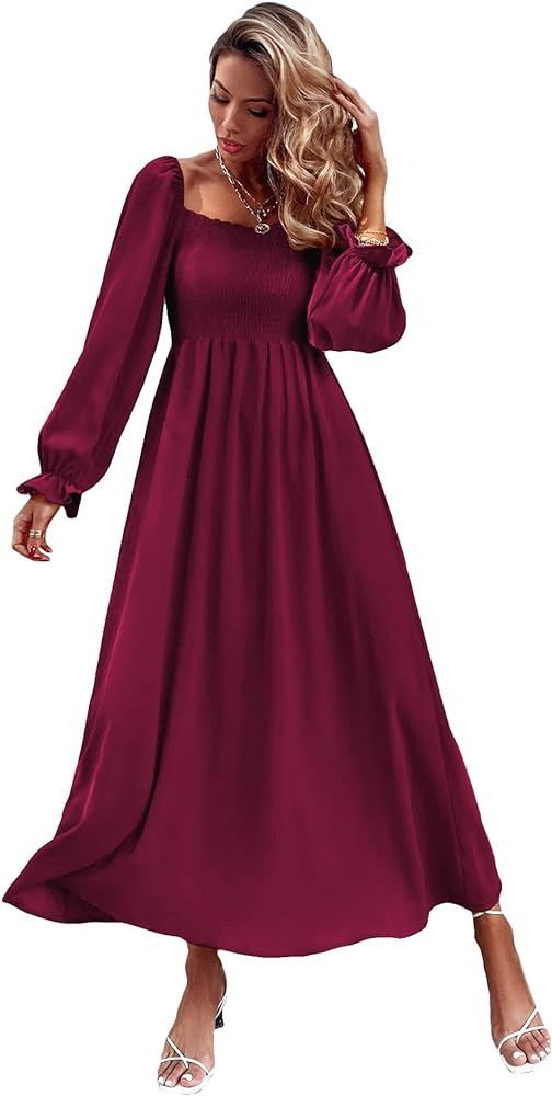 Floerns Women's Boho Square Neck Smocked Long Puff Sleeve A Line Maxi Dress | Amazon (US)