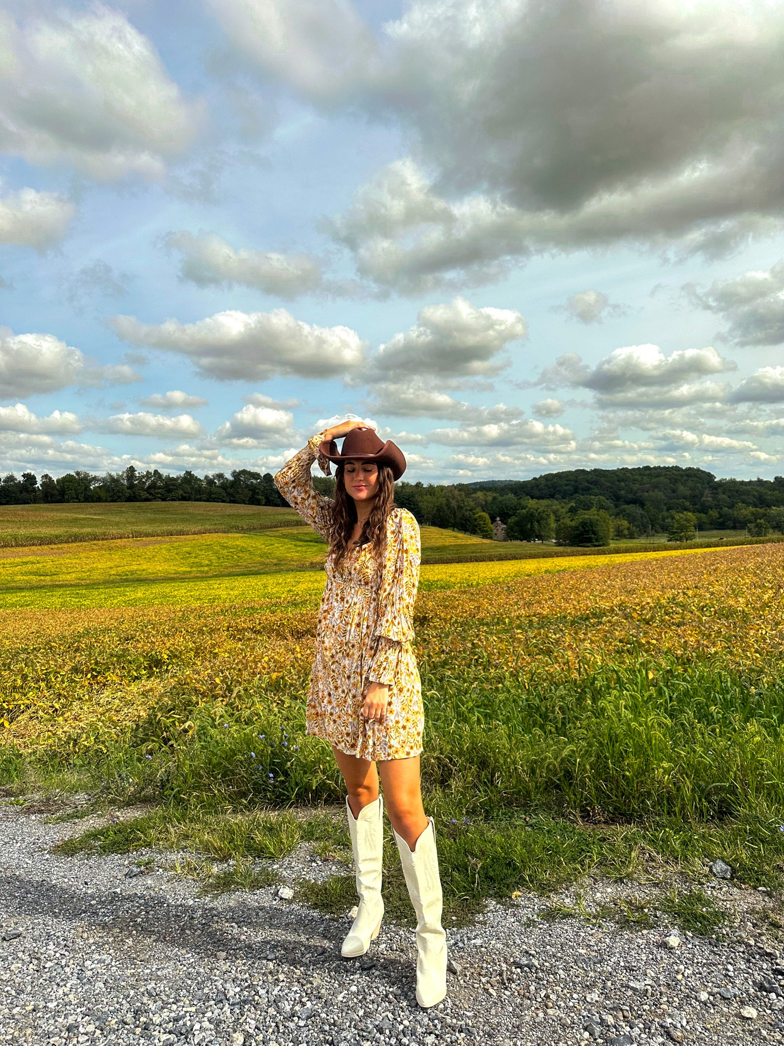 Fall outfit🍂🫶
wearing a size small in the dress. 
•
•
Fall outfit, fall style, long sleeve dress, cowboy hat, cowboy boots, fall fashion, floral

#LTKfindsunder50 #LTKHoliday #LTKGiftGuide