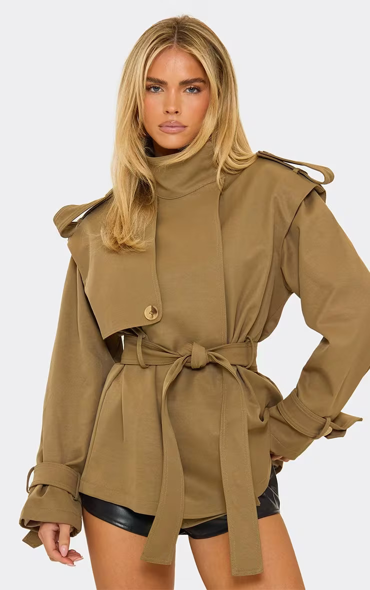 High Neck Belted Waist Short Trench Coat In Khaki | EGO Shoes (US & Canada)