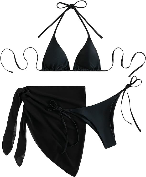 SweatyRocks Women's 3 Piece Swimsuit Halter Triangle Bra Bikini Set with Skirt | Amazon (US)