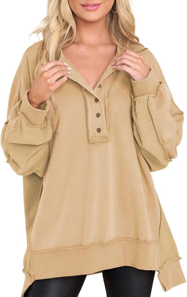 AlvaQ Womens Women's Oversized Sweatshirt Casual Long Sleeve Button Henley Neck Pullover Tunic To... | Amazon (US)