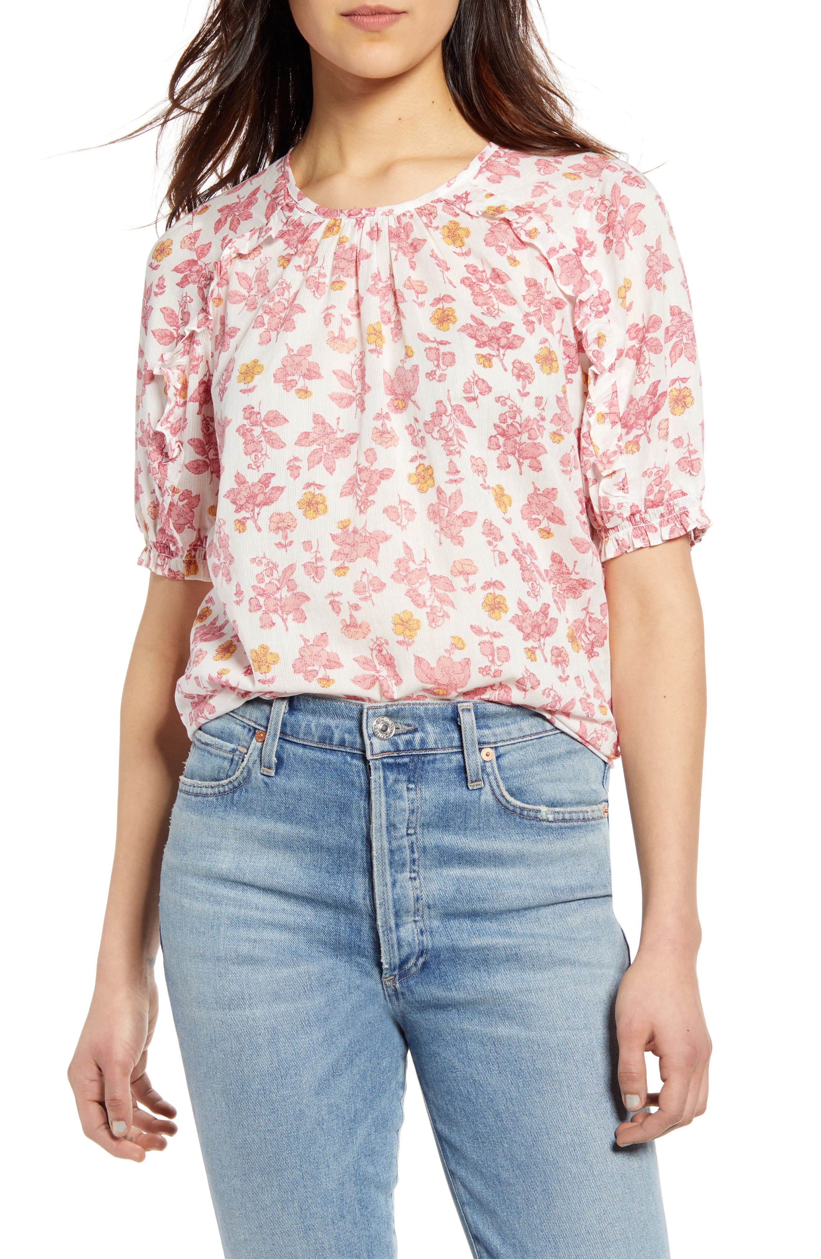 Women's Lucky Brand Lauren Floral Ruffle Cotton Top, Size X-Small - Pink | Nordstrom