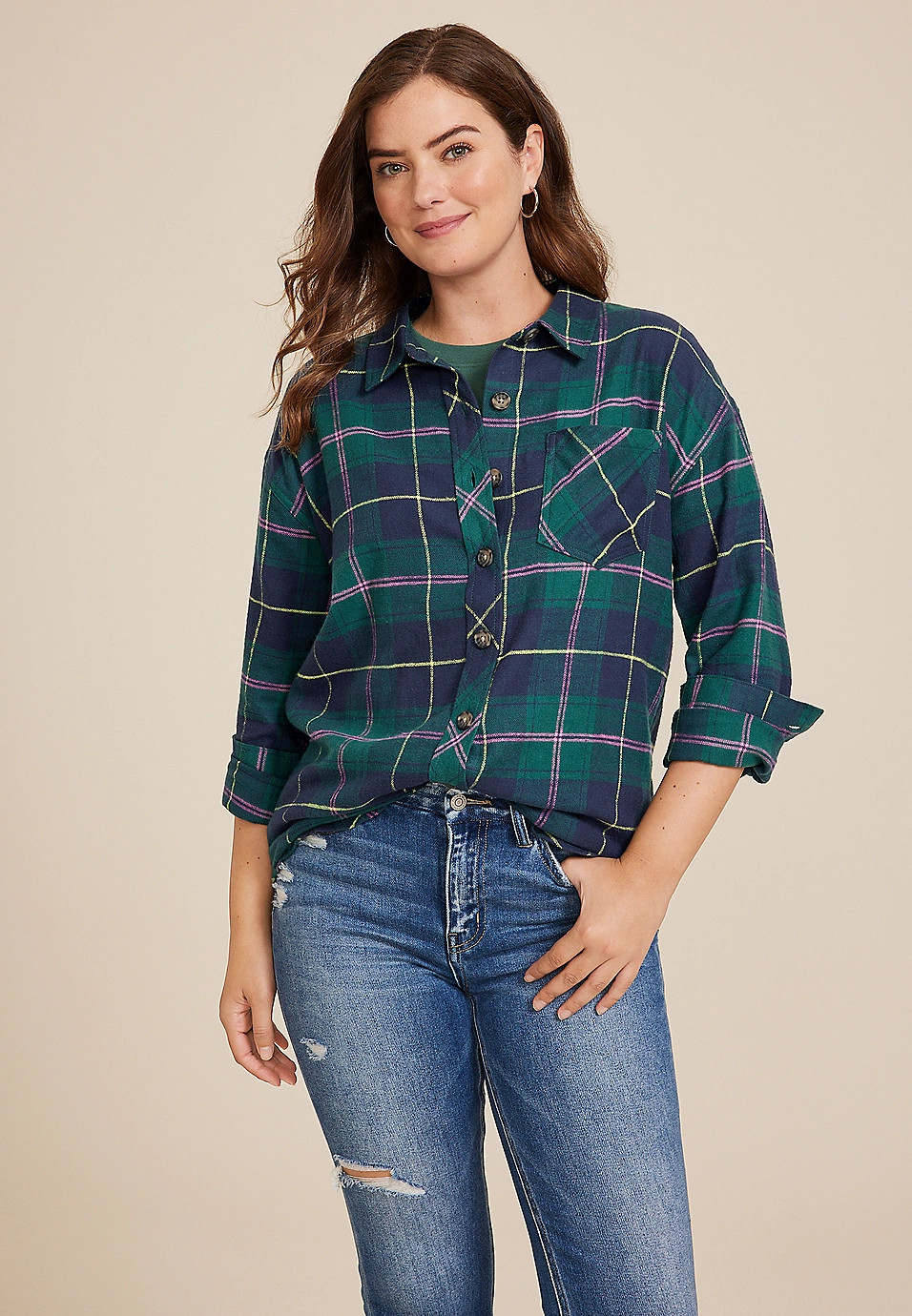 Cabin Plaid Boyfriend Tunic Shirt | Maurices