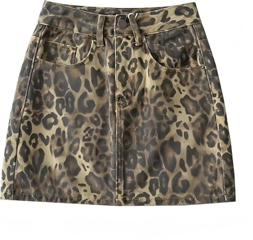 Pokn Denim Skirt Leopard Print Skirts for Women, Y2k Jeans Mini Skirt High Waisted with Pockets, Streetwear Club Dress (Brown,S,Small) | Amazon (US)