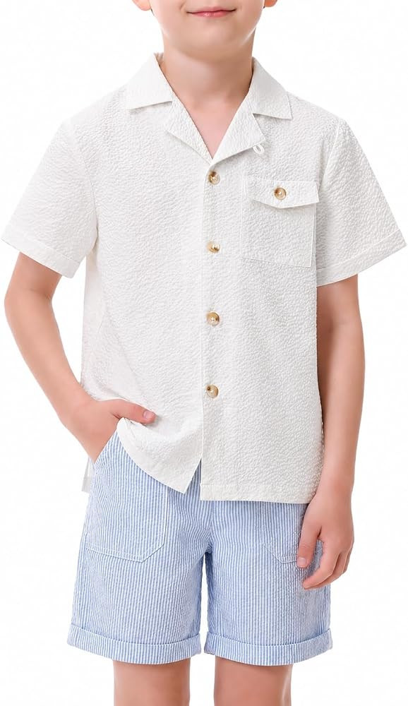 Volunboy Boys Summer Seersucker Textured Shorts Set Lightweight Camp Collar Short Sleeve Button D... | Amazon (US)