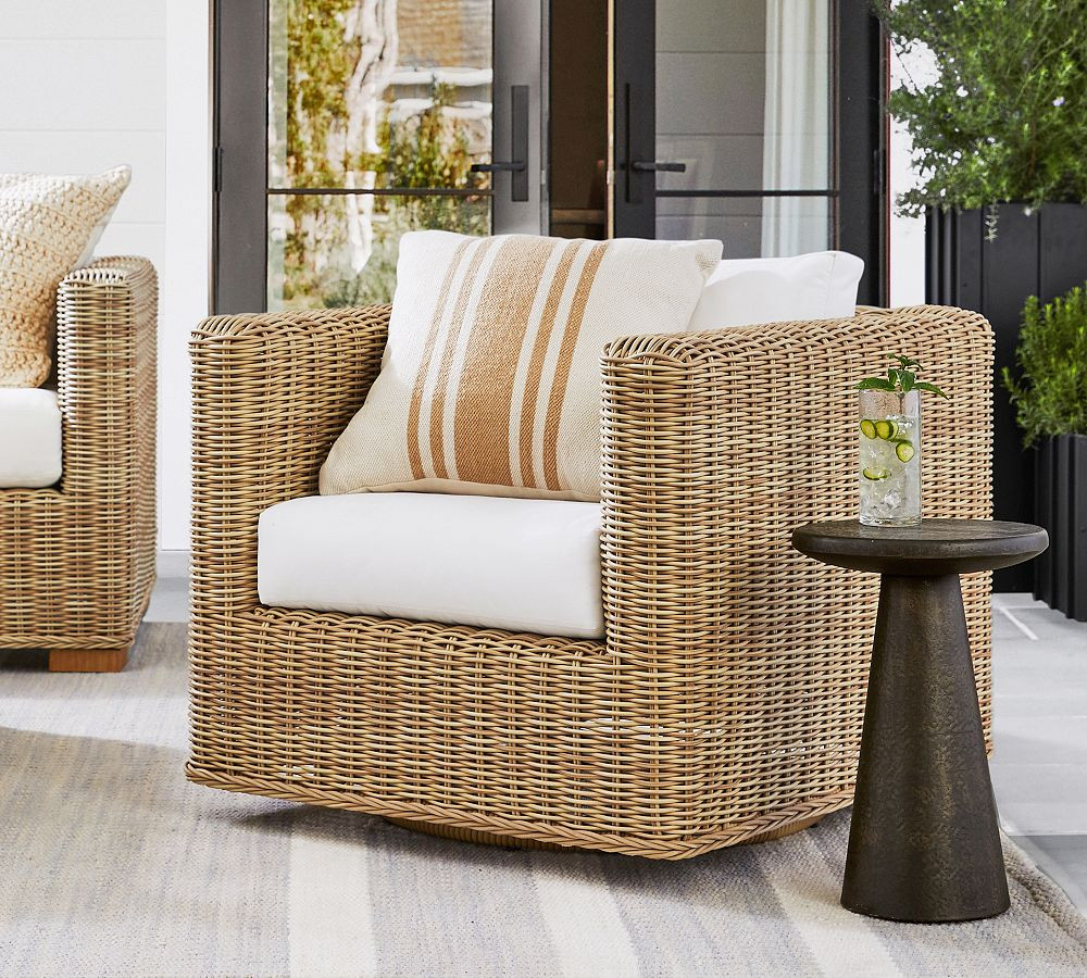 Huntington Wicker Square Arm Swivel Outdoor Lounge Chair | Pottery Barn (US)