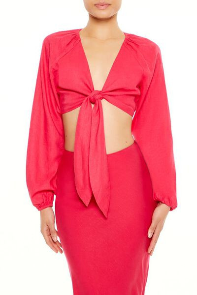 Linen-Blend Tie-Front Crop Top | Forever 21