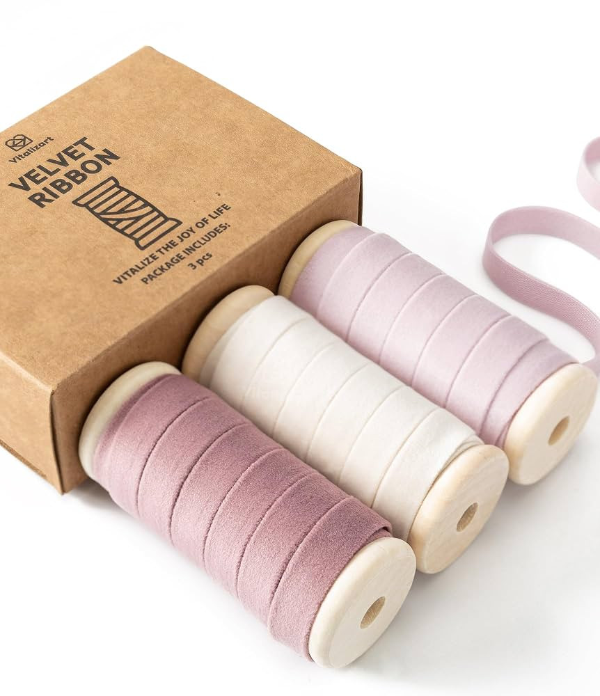 Vitalizart Velvet Ribbon Pink White Set 3/8" x 15 Yd Wooden Spool Fabric Trim 3 Rolls * 5 Yd for ... | Amazon (US)