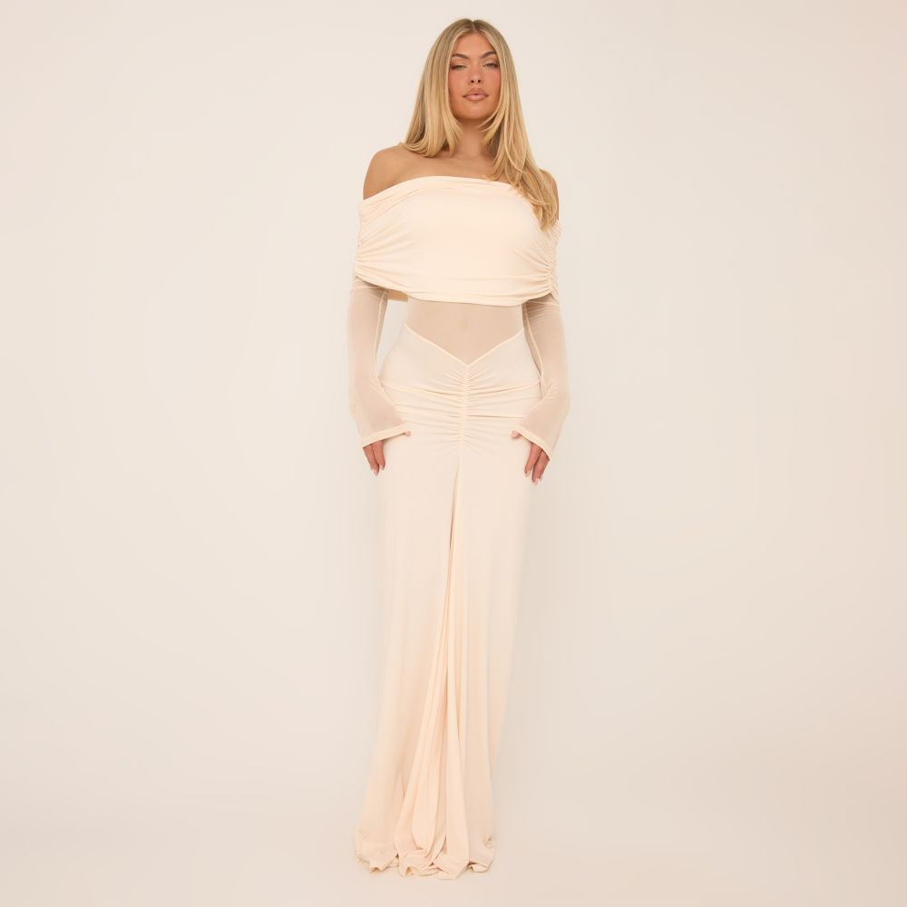 Fold Over Bardot Mesh Panel Maxi Dress In Cream Slinky | EGO (UK)
