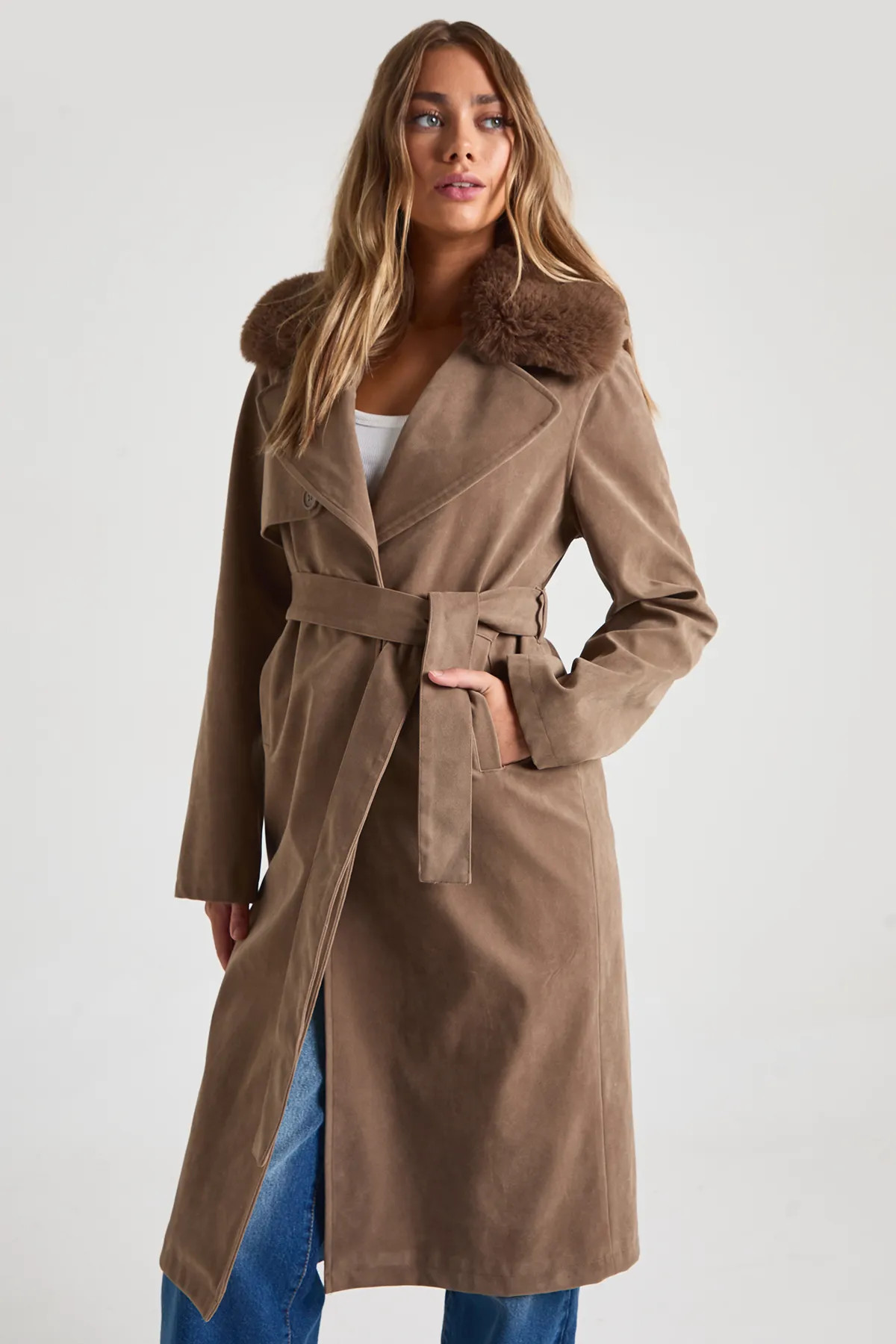 Maxi Belted Faux Suede Trench Coat With Fur Collar | boohoo (US & Canada)