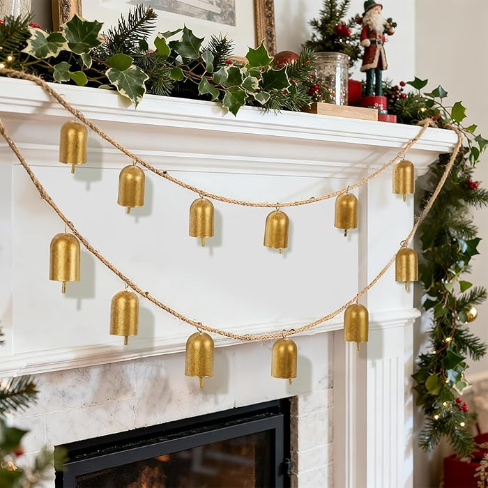 87 Inch Gold Vintage Bells Garland for Christmas Decorations, Antique Cow Bells with Jute Hanging... | Amazon (US)
