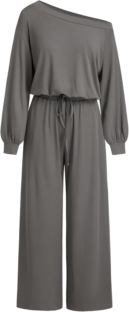 CIDER Women's Casual Jumpsuits with Pockets Asymmetrical Neck Drawstring long Sleeve Off Shoulder... | Amazon (US)