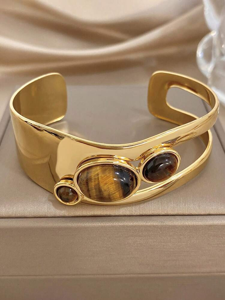 1pc Vintage Tiger's Eye Asymmetric Bangle Bracelet For Women Stainless Steel Golden Bangle For Pa... | SHEIN