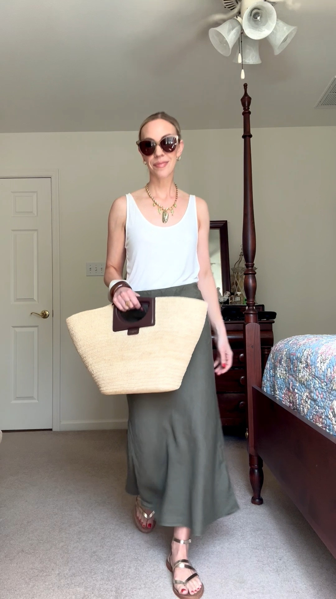 Beach dinner outfit, Euro summer, @Quince olive green line skirt, Le Tanneur straw tote bag, sardine necklace