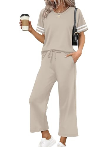 Lounge Sets for Women 2 Piece Short Sleeve Summer Fashion 2026 Beach Vacation Clothes Comfy Travel Outfit Easter Spring Break Wide Leg Pants Matching Sets Women Clothing Beige M | Amazon (US)