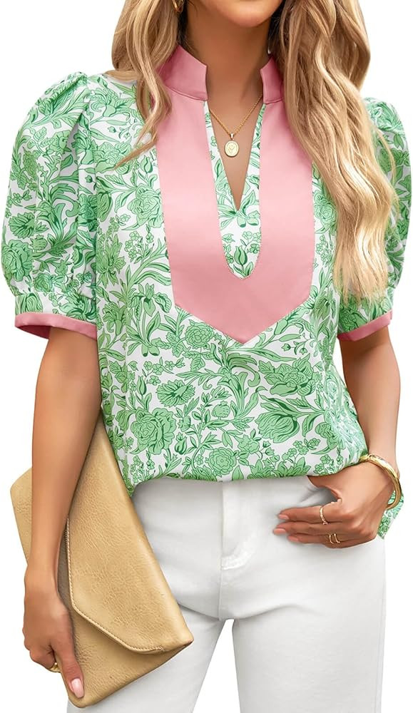 Cicy Bell Womens Floral Short Puff Sleeve Blouses V Neck Patchwork Boho Summer Tops Dressy Casual... | Amazon (US)