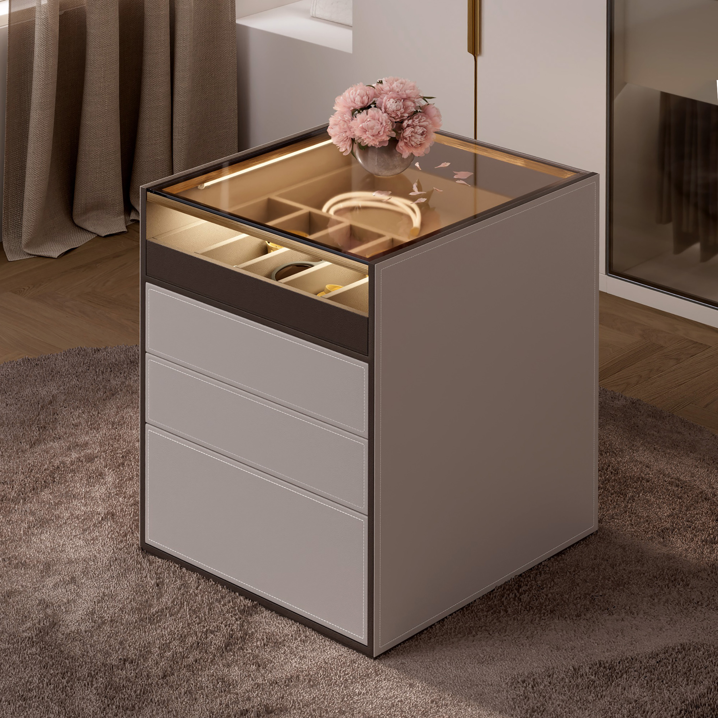 Saddle Leather 7-Dresser Walk-In Closet Island with Light & Jewelry Display | Homary