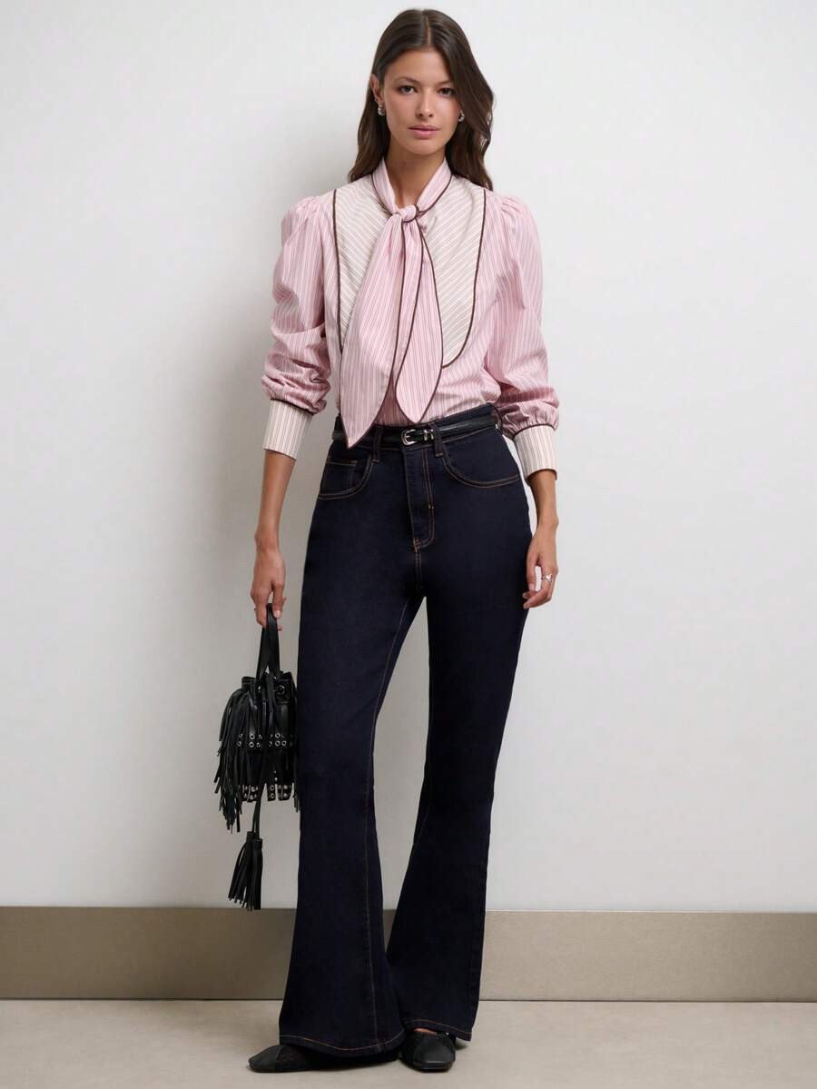 Nöista Pink Pinstripe Tie-Neck Blouse. Fall, Office Wear, Vacation, Elegant Style. | SHEIN
