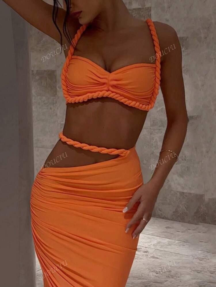 Summer Sexy Backless Camisole Vest, Hip Hugging Pleated Skirt Set | SHEIN