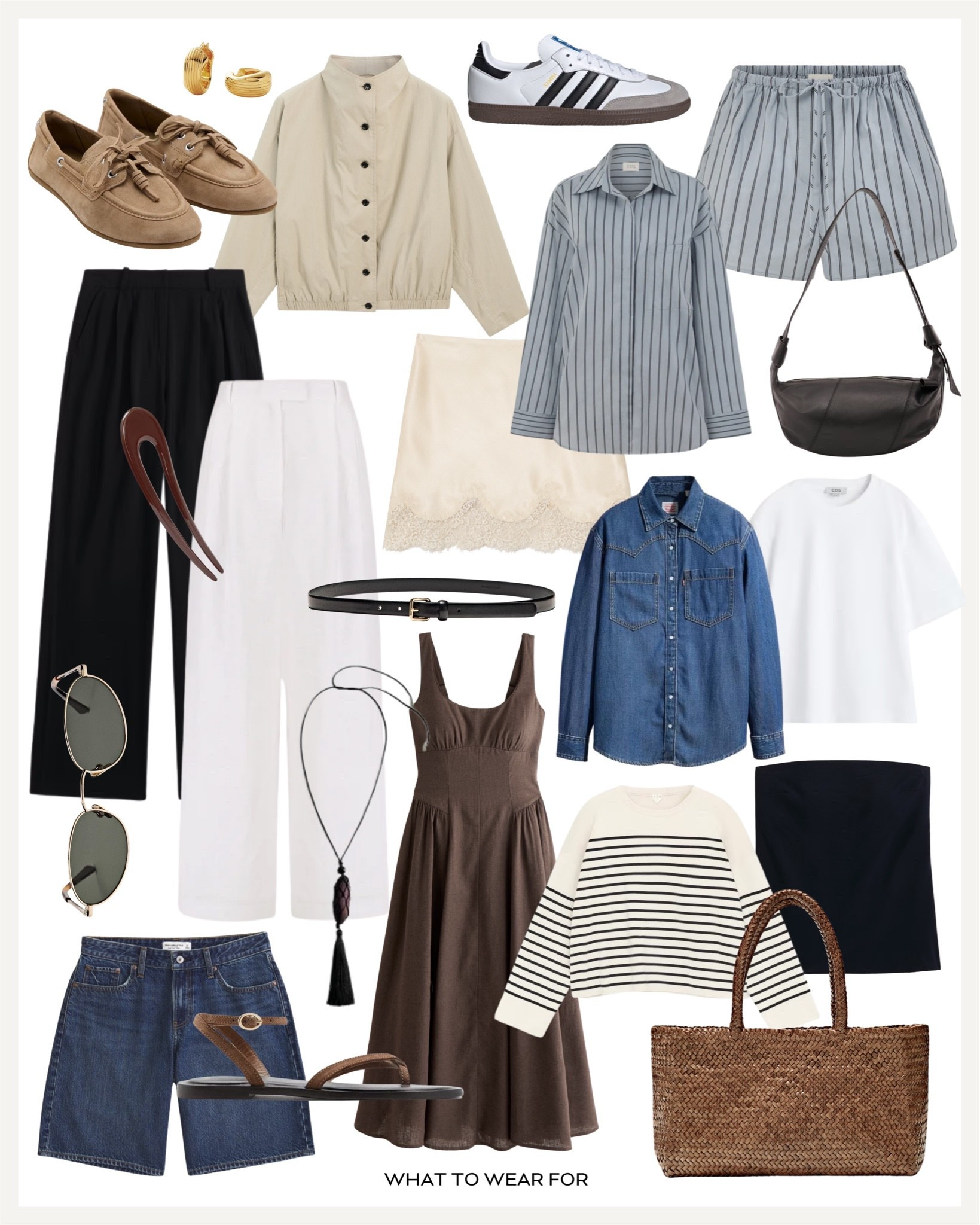 Summer capsule wardrobe ☀️

Striped co-ord set, matching set, denim shirt, denim shorts, summer dress, summer jackets, holiday outfits, workwear, Abercrombie black trousers, woven bag, adidas sambas, white trousers

#LTKsummer