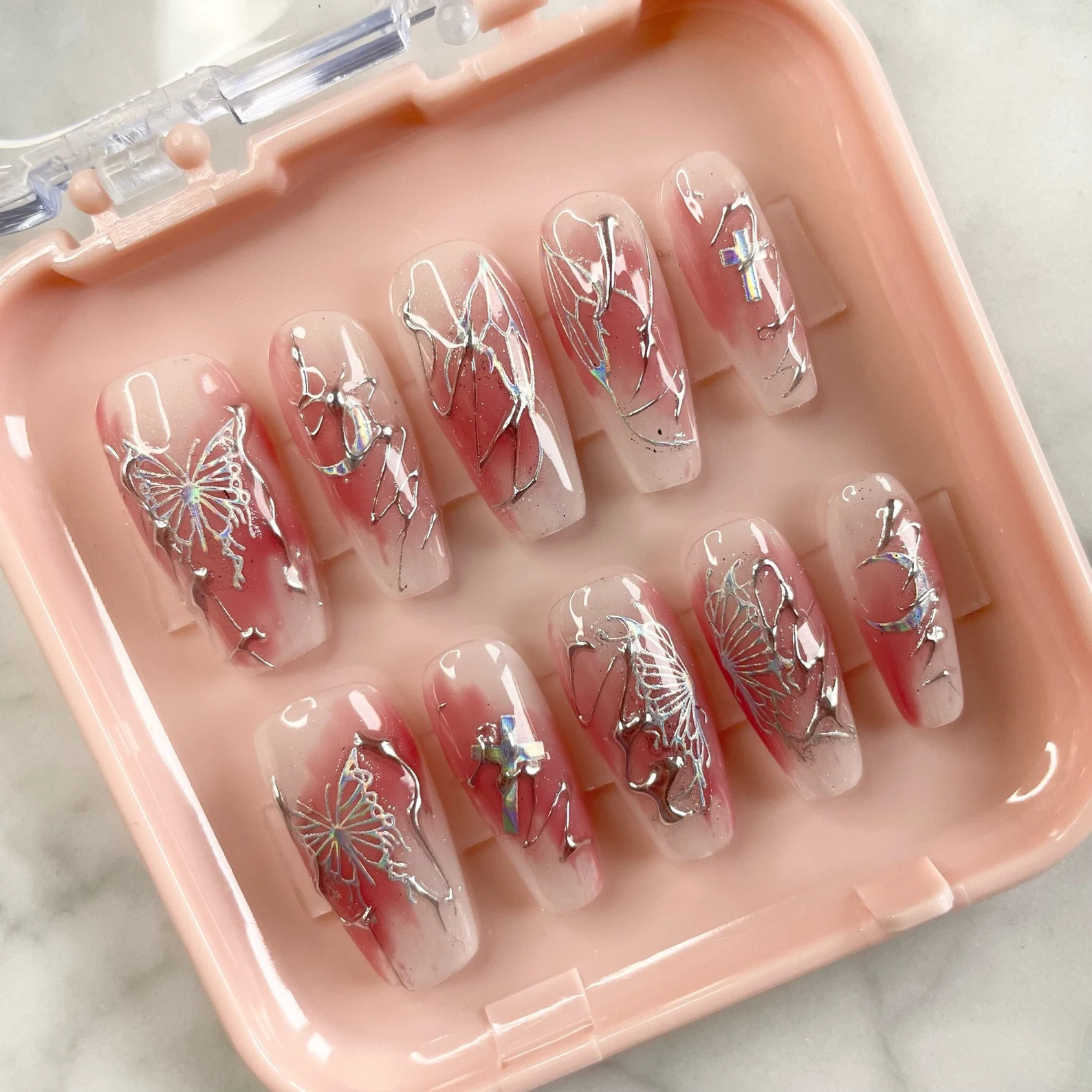 Pink and Silver Butterfly Press-on Nails, Butterfly and Moon Raised Design, Medium Coffin Press-o... | Etsy (US)