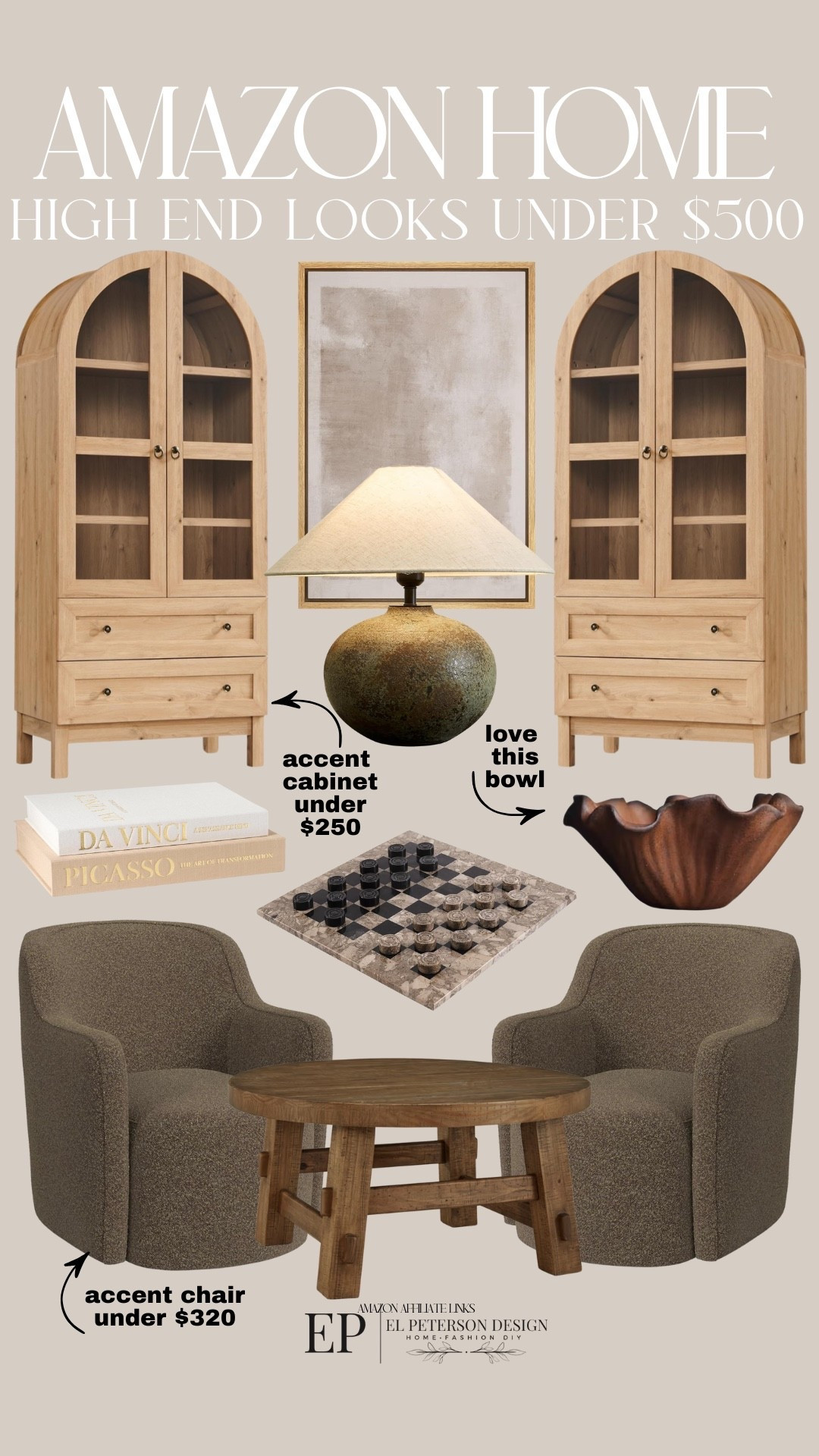 Amazon Home
Arch cabinet
Table lamp
Accent chair 
Coffee table
Bowl
Decorative books
Artwork 

#LTKHome