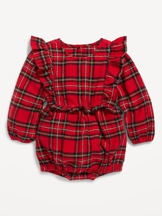 Long-Sleeve Ruffle-Trim Plaid One-Piece Romper for Baby | Old Navy (US)