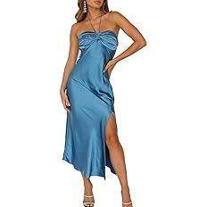 2023 Summer Satin Tube Tops Slit Wedding Guest Dress for Women Elegant Sexy Strapless Halter Neck... | Amazon (US)