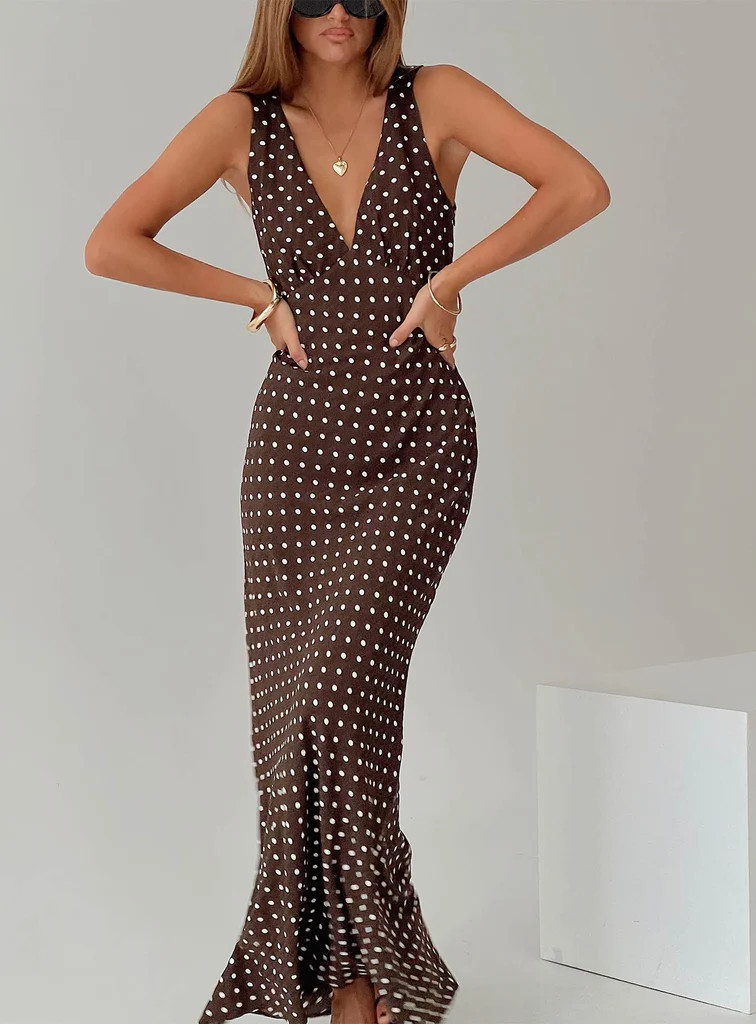 Nellie Maxi Dress Brown Polka Dot | Princess Polly AU