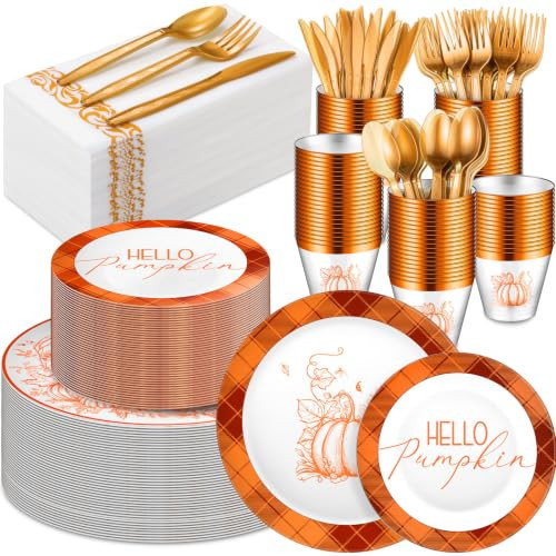 Sunnychicc 175 Pcs Thanksgiving Plastic Plates Set for 25 Guests, Fall Plaid Pumpkin Orange Disposable Dinnerware with 10.25" Dinner & 7.5" Dessert Plates Gold Cups Napkins for Autumn Harvest Party | Amazon (US)