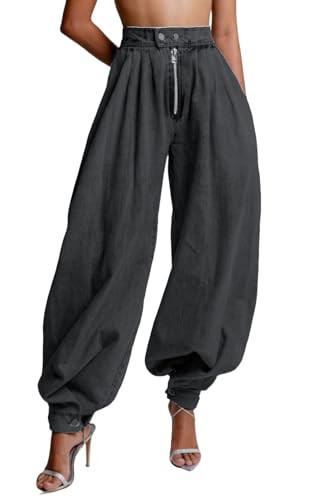 loveimgs Women Baggy Harem Jeans Joggers Denim Pants Wide Leg Jeans High Rise Sweatpants Tapered Leg Trousers (Large,Black) | Amazon (US)