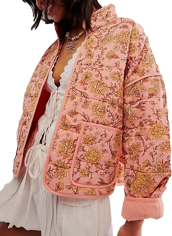 Womens Cropped Floral Puffer Jacket Lightweight Open Front Long Sleeve Padded Quilted Coat with P... | Amazon (US)