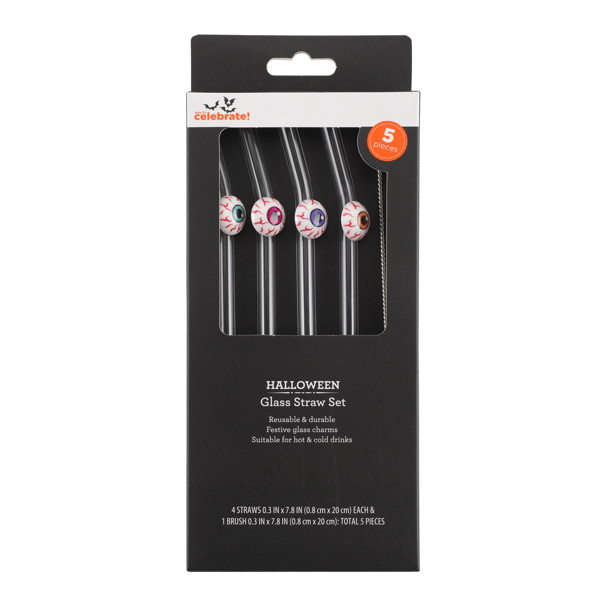 WAY TO CELEBRATE 4 PC GLASS STRAWS SET WITH CLEANING BRUSH PDQ-EYEBALLS | Walmart (US)