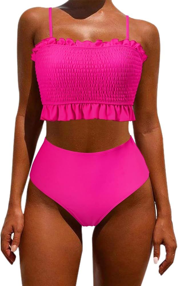 OMKAGI Women's Bandeau Bikini Sets Cute Shirred Swimsuit High Waisted Bathing Suit | Amazon (US)