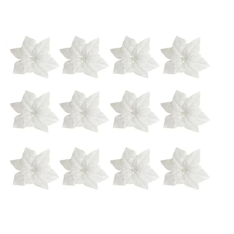 'Holiday Time' 11" White Glitter Velvet Poinsettia Clip Clearly Christmas Ornaments, 12 Count | Walmart (US)