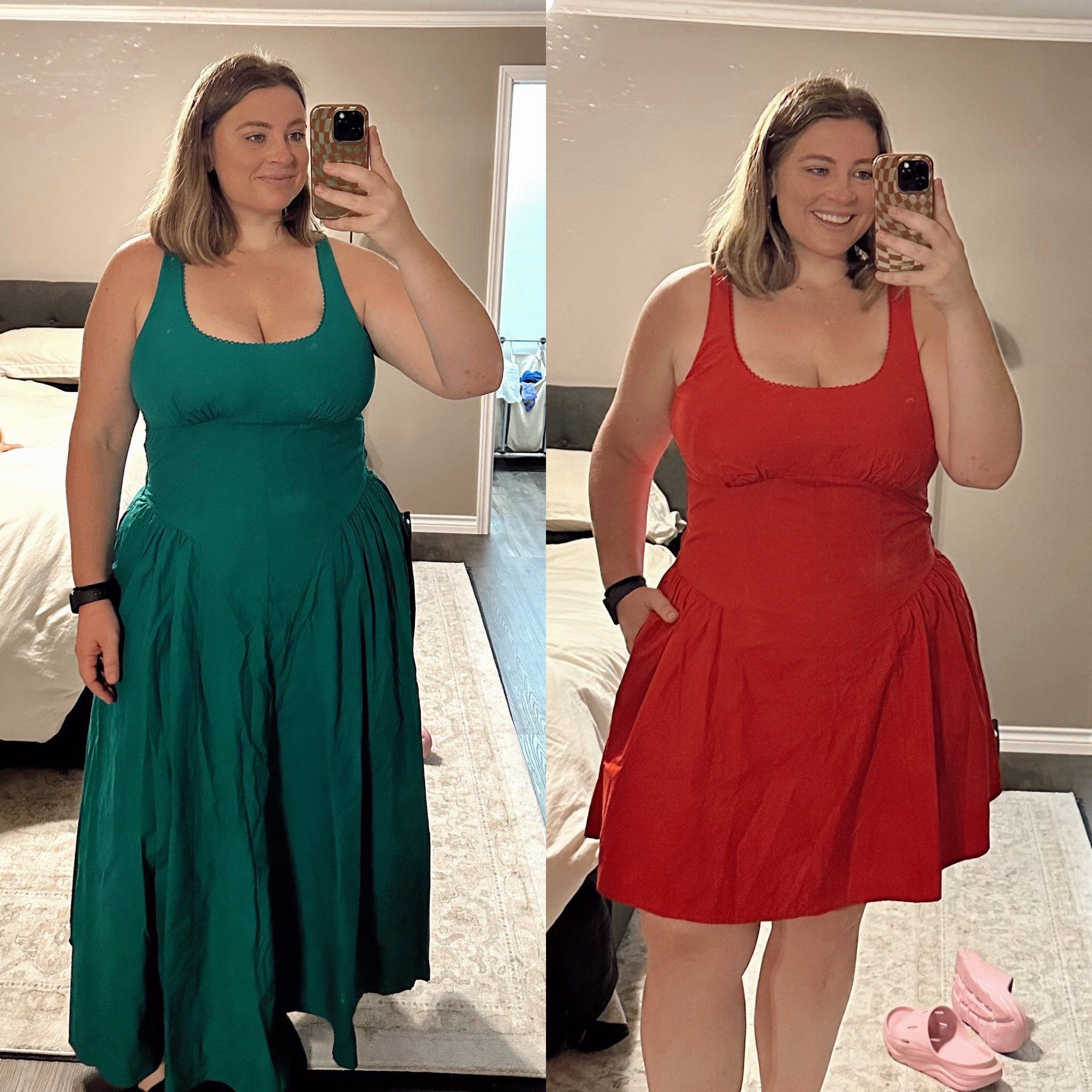 Bra free dresses on sale — works even for me as a 36j uk large bust girly! Wearing XL in left and XL tall in right (I think I would prefer regular length for a shorter fit on my 5’8” body, the photo looked really short so I tried the tall but must have just been a tall model)  great date night, wedding guest, summer event dress, bridal shower, baby shower

#LTKMidsize #LTKSaleAlert