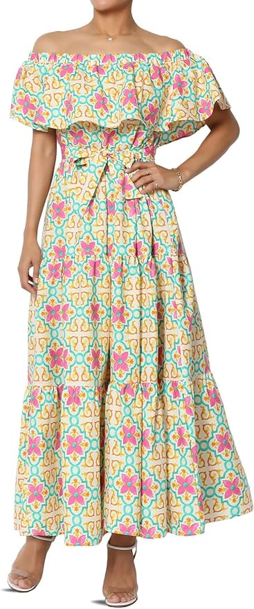 TheMogan Women's Ruffle Off Shoulder Tiered A-Line Long Maxi Dress W Tie Belt Casual Summer | Amazon (US)