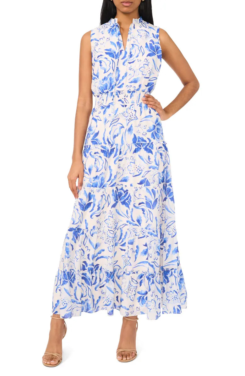 Halogen® Floral Tie Neck Sleeveless Tiered Maxi Dress | Nordstromrack | Nordstrom Rack
