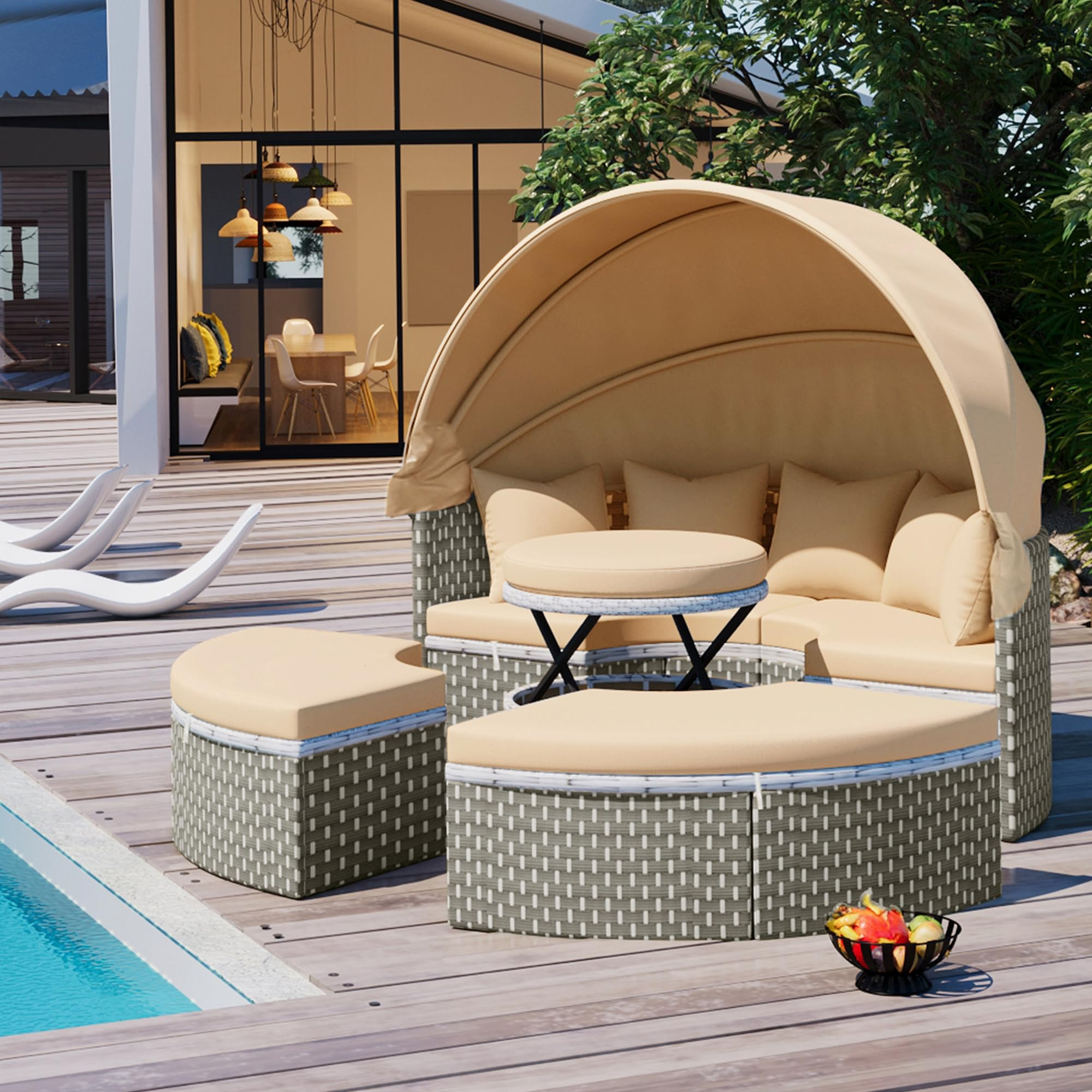 Merax All-Weather Patio Round Outdoor Sectional Sofa Set with Retractable Canopy,Rattan Daybed Two-Tone Weave Sunbed with Separate Seating and Removable Cushion,Light Coffee | Amazon (US)