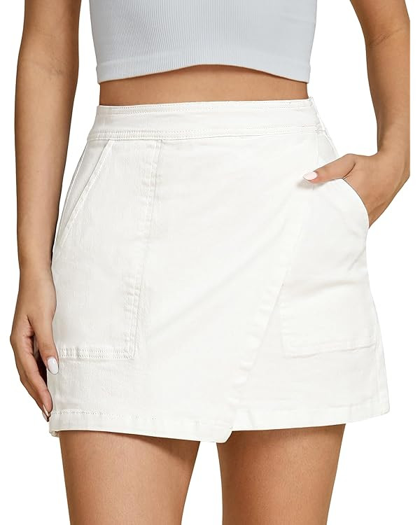 luvamia Jean Skirts for Women Denim Mini Trendy High Waisted Stretchy Asymmetrical Faux Wrap Shor... | Amazon (US)